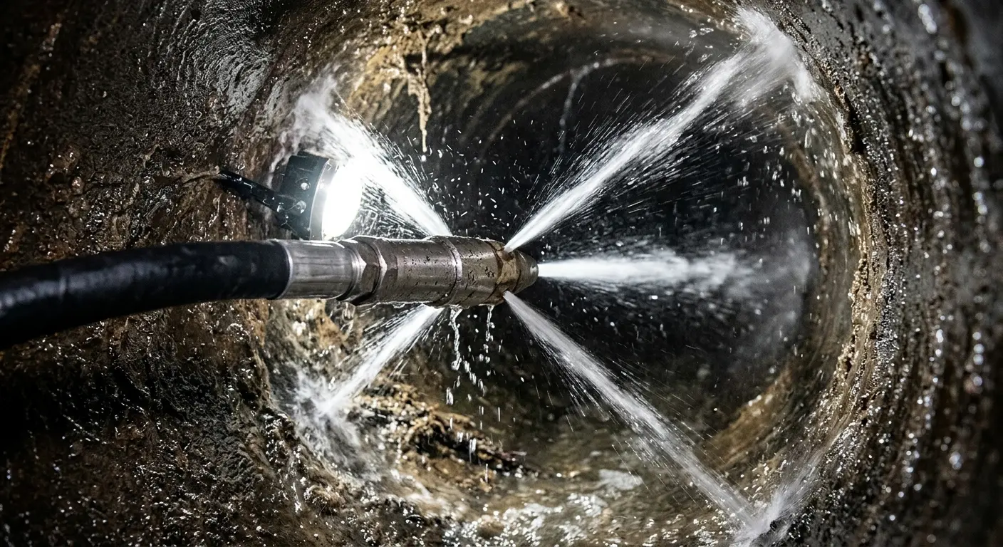 High-pressure hydro jetting nozzle cleaning sewer pipe for Sewer Cleanout in Pittston