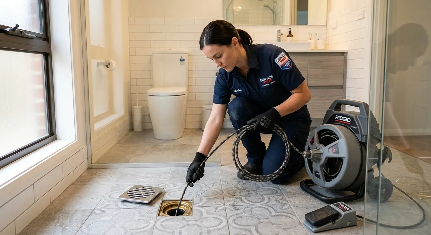 Technician clearing a bathroom floor drain for Drain Cleaning in Pittston